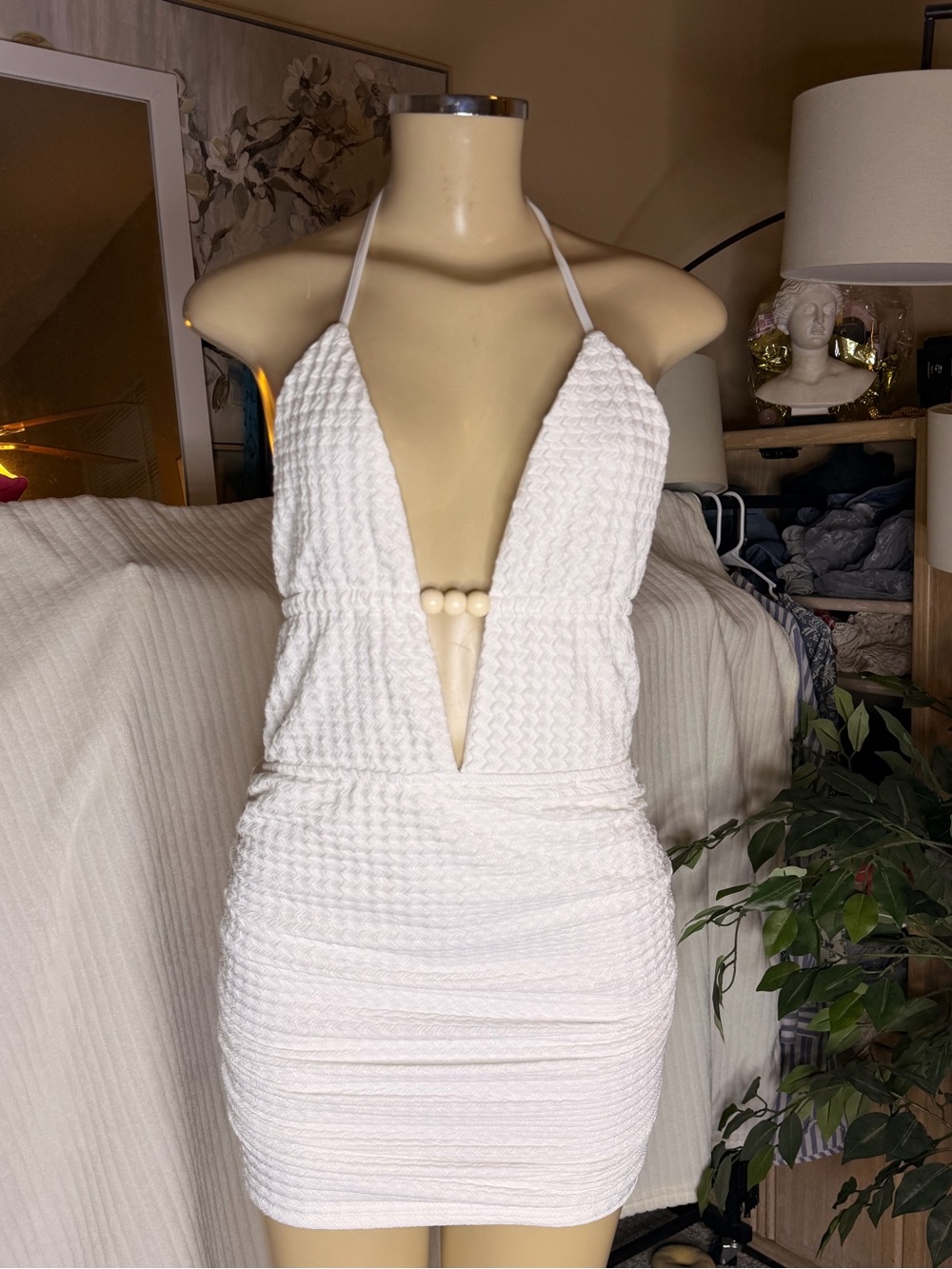 Plunge Neck Ruched Textured White Halter Mini Dress